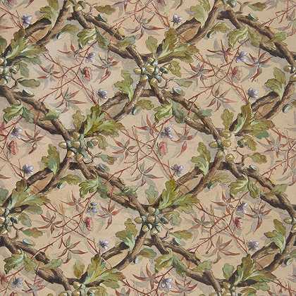 Jules Edmond Charles Lachaise设计的以橡树叶、橡子和缠绕的树枝为特色的墙纸