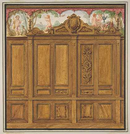 “一个房间的装饰设计，上面有一个巨大的木质镶板橱柜，上面有花押字H由朱尔斯·爱德蒙德·查尔斯·拉查伊斯（Jules Edmond Charles Lachaise）创作