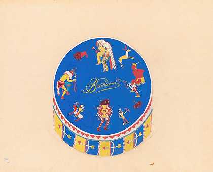 “巴里奇尼糖果包装的平面设计图。”[3-D研究，蓝底印有印度图案的圆形糖果盒，作者：温诺德·赖斯