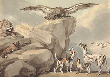 塞缪尔·霍伊特的《一只鹰栖息在岩石上狮子、狐狸、两只猎犬和一只公鸡》