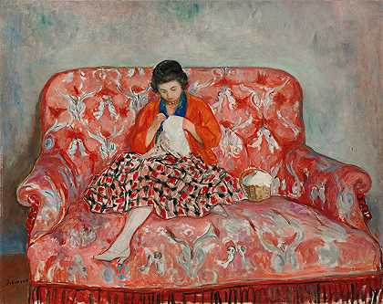 亨利·勒巴斯克在沙发上缝衣服的年轻女孩