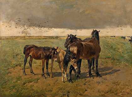 Alfred Verwee的《围场里的马驹》