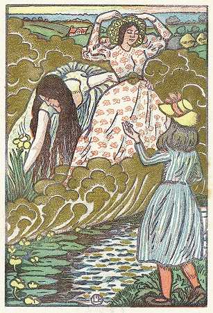 卢西安·皮萨罗的《一个女孩和两个女人在溪边》