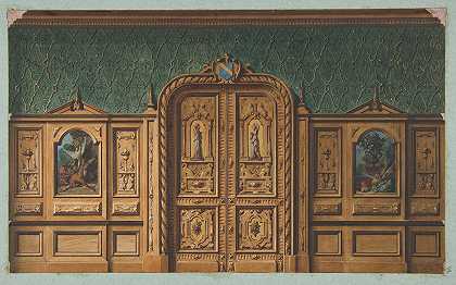 Jules Edmond Charles Lachaise设计了一个镶有绘画的木板和一扇雕刻得很重的双开门的房间