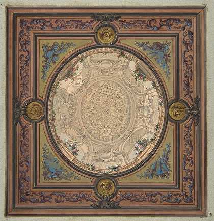 朱尔斯·爱德蒙德·查尔斯·拉查伊斯（Jules Edmond Charles Lachaise）绘制的一幅格子圆顶的巨幅油画装饰天花板的设计