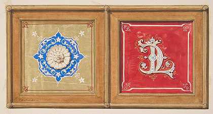Jules Edmond Charles Lachaise为面板的彩绘装饰设计了两种备选方案（一种带有交织的首字母CL）
