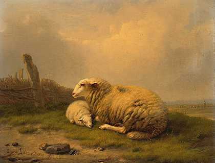 《一只休息的绵羊和一只羔羊》，作者：尤金·约瑟夫·韦尔博埃霍温