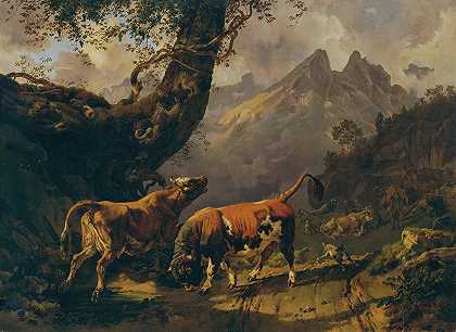 约翰·内波穆克·劳赫（Johann Nepomuk Rauch）在卡拉拉拍摄的背景风景中，公牛追逐一头牛