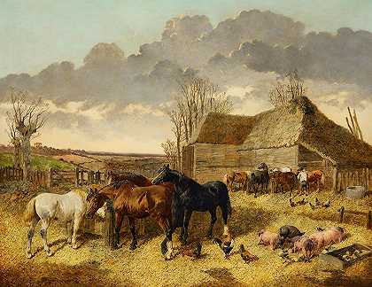 约翰·弗雷德里克·赫林（John Frederick Herring Jr.）的《马厩里的马与猪和鸡一起吃》。