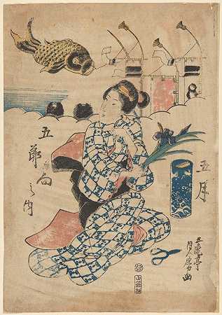 《手持鸢尾花的女人（海滨，背景是大鱼）》作者：Sadafusa Utagawa