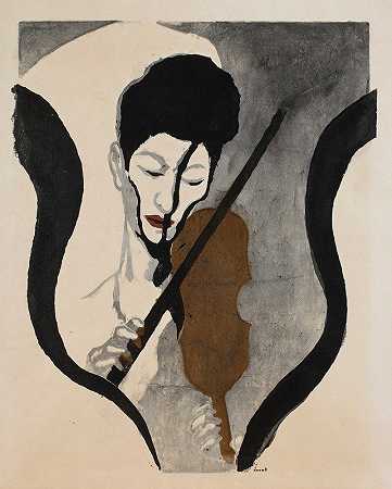 Onchi Kōshirഅ的《小提琴家的印象》（诹访奈吉子的肖像）