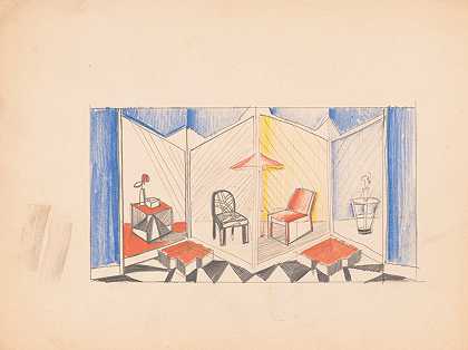 “折叠屏风形式的舞台展品设计。”【温诺德·赖斯的现代椅子和桌子展品草图