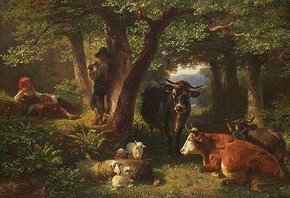 弗里德里希·沃尔茨（Friedrich Voltz）的《带着牛羊在森林里放牧孩子》