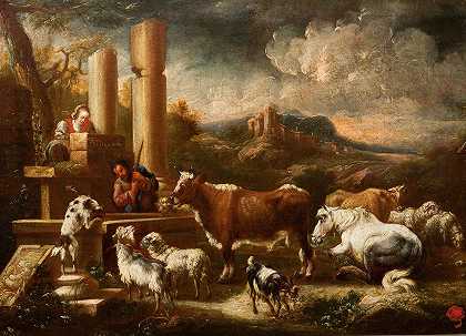 约翰·马蒂亚斯·乌泽《神庙废墟上的牛》