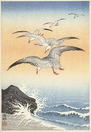 Ohara Koson的《汹涌海面上的五只海鸥》