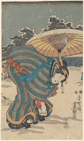Utagawa Kunisada（Toyokuni III）的《雪景女人弯腰调整鞋子》