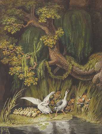 约翰·海因里希·威廉·蒂施贝因的《两只狐狸带着幼崽从冲刺中脱颖而出时，一只鹅和一只带着小鹅鸣叫的雄鹿惊慌失措》