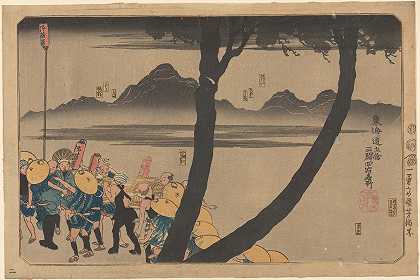 Utagawa Kuniyoshi的《河边夜行》（前景为叉状树干）