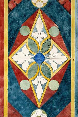 “Prosper Lafaye设计的几何和植物装饰彩色玻璃面板