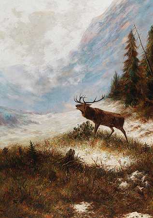 弗兰兹·泽弗·冯·鲍辛格的《冬季风景中的红鹿》