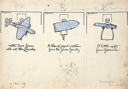 Fougasse创作的三幅女性携带飞机、炮弹和机枪的卡通形象