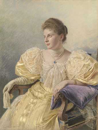 卡尔·本兹尔（Carl Bunzl）的《一位穿着黄色连衣裙的优雅女士的肖像》