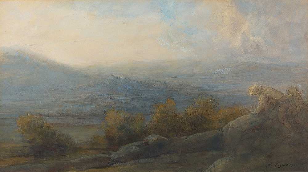 阿尔方斯·勒格罗斯（Alphonse Legros）的《右边有两个人物的山景》