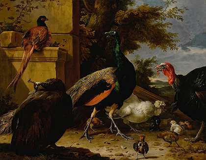 “一只孔雀、豌豆母鸡、野鸡、火鸡、公鸡和小鸡在墙边，远处是梅尔基奥·德霍德科特的风景