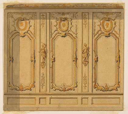 “室内立面图，墙上装饰着华丽的镶板和朱尔斯·埃德蒙德·查尔斯·拉查伊斯（Jules Edmond Charles Lachaise）的小雕像