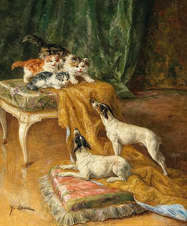 玛丽·伊冯·劳尔的《两只杰克·拉塞尔和三只小猫》