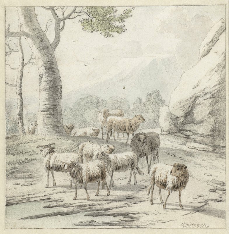 年轻的扬·范德梅尔（Jan van der Meer the Younger）的《在树旁有一群羊的风景》