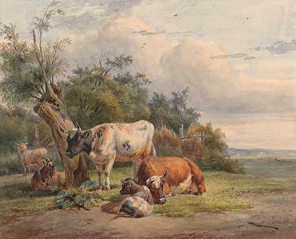 西蒙·范登伯格（Simon van den Berg）的《与牛在树上的风景》