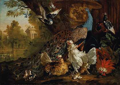彼得·卡斯特尔斯三世的《风景中的孔雀、鸡、鸽子和其他鸟类》