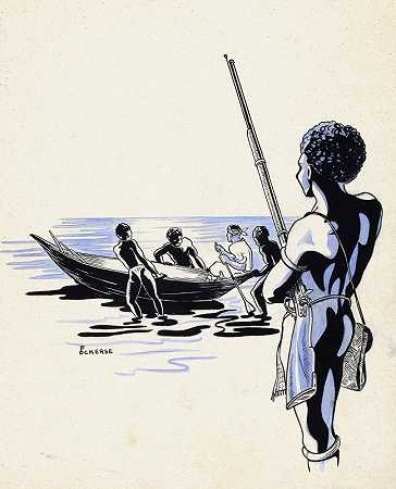“新几内亚猎人看着F.Ockerse离开的船