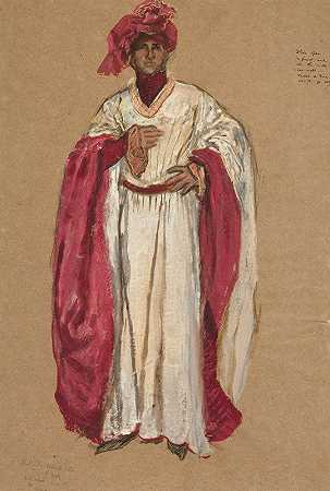 埃德温·奥斯汀·艾比为理查德二世国王绘制的服装素描《身穿红色长袍的不明身份男子》