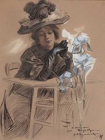 J.C.Leyendecker的《戴着优雅帽子的坐姿女士》