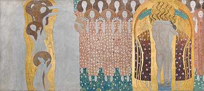古斯塔夫·克里姆特（Gustav Klimt）的《贝多芬·弗里斯兰》（Beethoven Friesland“Die Künste”、“Paradieschor”和“Embrace”（表8，右侧长墙）