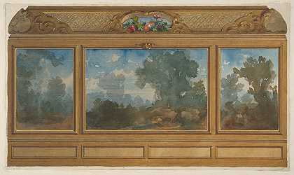 朱尔斯·爱德蒙德·查尔斯·拉查伊斯（Jules Edmond Charles Lachaise）绘制的镶板室内立面图，上面绘有风景画和带有地毯和鲜花的海湾