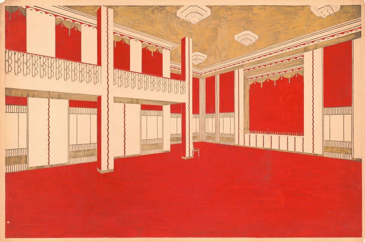 “未知舞厅的设计，可能是纽约市地区。”[温诺德·赖斯（温诺德·赖斯）用朱红和金色绘制的透视图