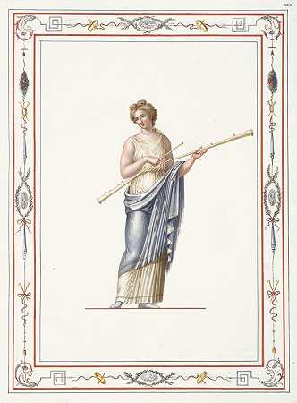 皮埃尔·让·马里埃特（Pierre Jean Mariette）的《穿着古典服装的女人拿着两根长烟斗》