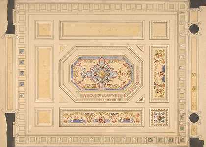 朱尔斯·爱德蒙德·查尔斯·拉查伊斯（Jules Edmond Charles Lachaise）的镶板天花板设计，绘有蒲蒂、鸟和花卉图案
