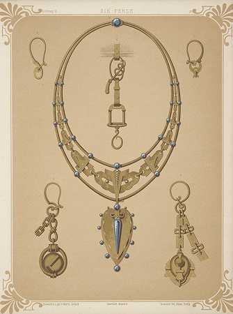 Martin Gerlach的《六种珠宝设计，包括镶有蓝色宝石的金色吊坠的大项链》