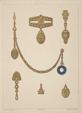 “六种珠宝设计，包括金色和蓝色吊坠手表”