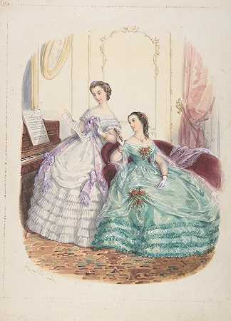《时尚研究：两个穿着晚礼服的女人》，作者：阿黛尔·安娜·托杜兹（Adèle Anaïs Toudouze）