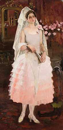 Kazimierz Stabrowski的《一位身穿粉色连衣裙的女士的肖像——西班牙女人》