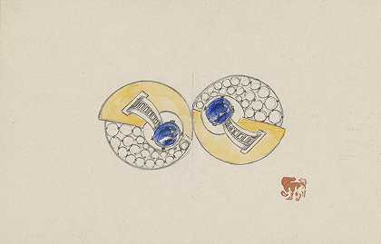 朱尔斯·夏德尔（Jules Chadel）的珠宝设计，由两个圆形半边组成，上面有黄金、蓝宝石和闪耀