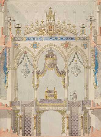 “兰斯大教堂内部立面图，带有屋顶屏风和王座，用于国王路易十八加冕典礼，由查尔斯·珀西尔
