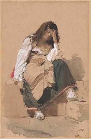 Eleuterio Pagliano的《沉思中的坐着的农民女孩》