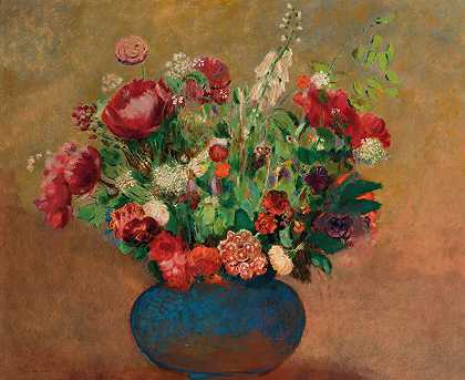 奥迪伦·雷东的《蓝色花瓶里的诗人的鹅卵石和康乃馨》