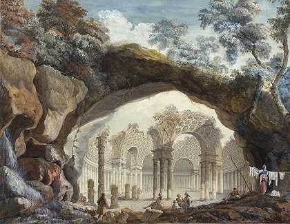 “建筑奇幻——通过自然拱门看到圆形寺庙的废墟”，皮埃尔·阿德里安·帕里斯（Pierre Adrien Pâris）著